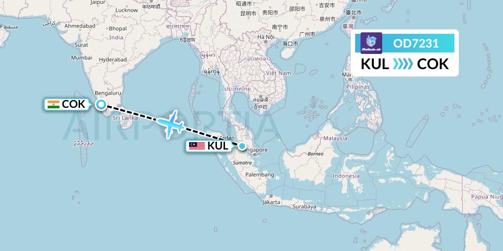 OD7231 Batik Air Malaysia Flight Map: Kuala Lumpur to Cochin