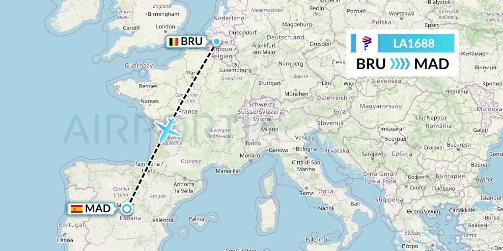 LA1688 LAN Airlines Flight Map: Brussels to Madrid