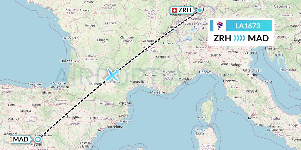 LA1673 LAN Airlines Flight Map: Zurich to Madrid