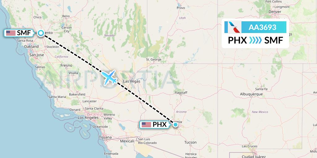 AA3693 American Airlines Flight Map: Phoenix to Sacramento