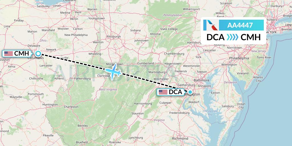 AA4447 American Airlines Flight Map: Washington to Columbus