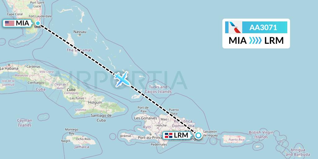 AA3071 American Airlines Flight Map: Miami to La Romana