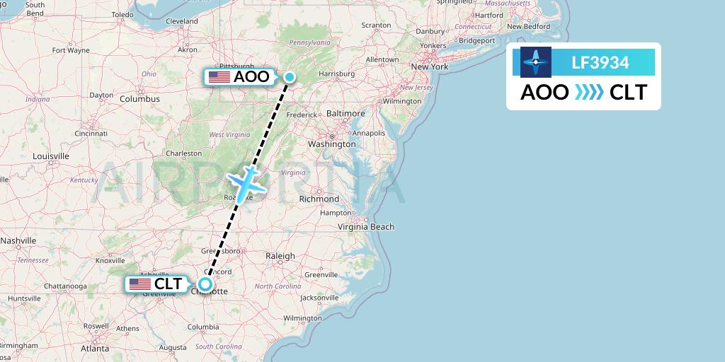 LF3934 Corporate Flight Management Flight Map: Altoona to Charlotte