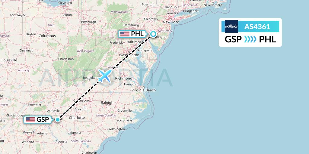 AS4361 Alaska Airlines Flight Map: Greenville-Spartanburg to Philadelphia