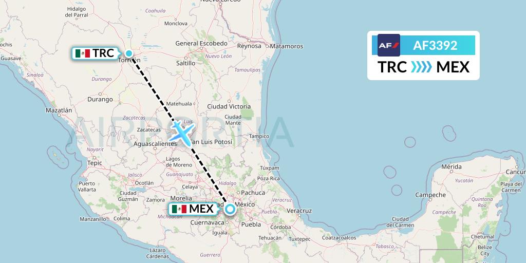 AF3392 Air France Flight Map: Torreon to Mexico City