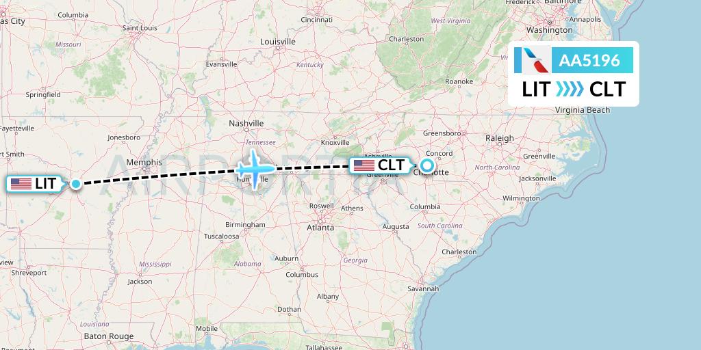 AA5196 American Airlines Flight Map: Little Rock to Charlotte