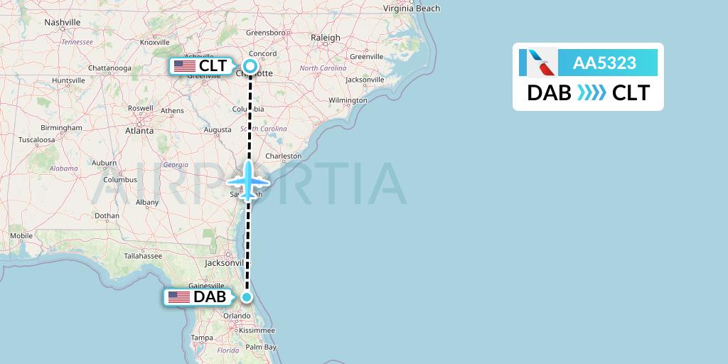 AA5323 American Airlines Flight Map: Daytona Beach to Charlotte