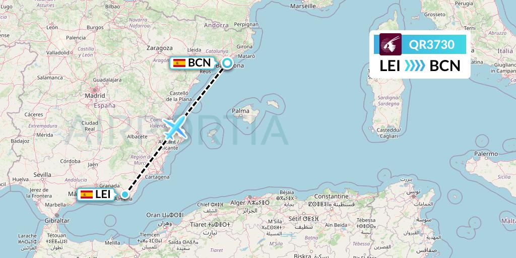 QR3730 Qatar Airways Flight Map: Almeria to Barcelona