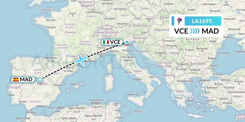 LA1695 LAN Airlines Flight Map: Venice to Madrid