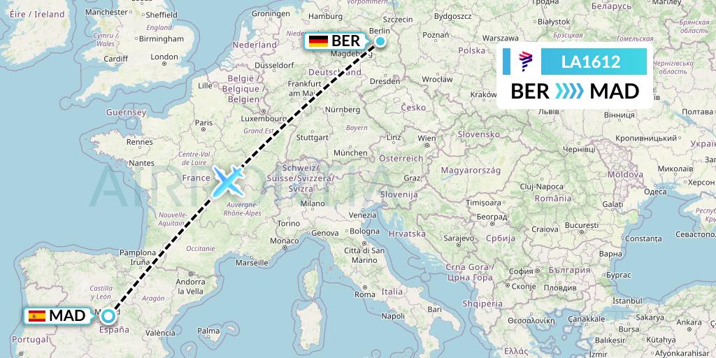 LA1612 LAN Airlines Flight Map: Berlin to Madrid