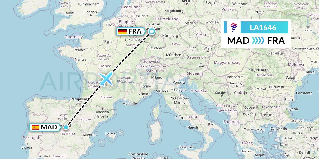 LA1646 LAN Airlines Flight Map: Madrid to Frankfurt