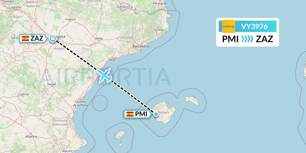VY3976 Vueling Flight Map: Palma de Mallorca to Zaragoza