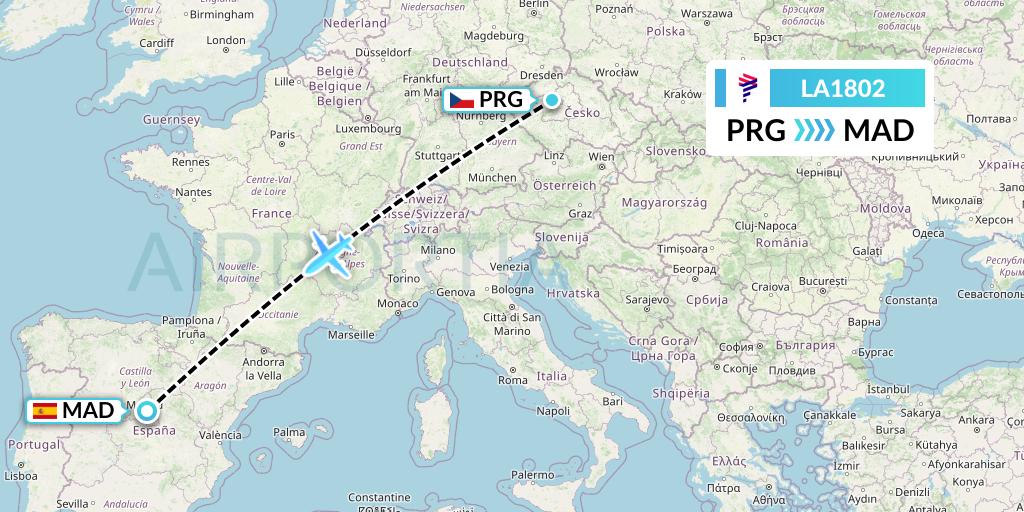 LA1802 LAN Airlines Flight Map: Prague to Madrid