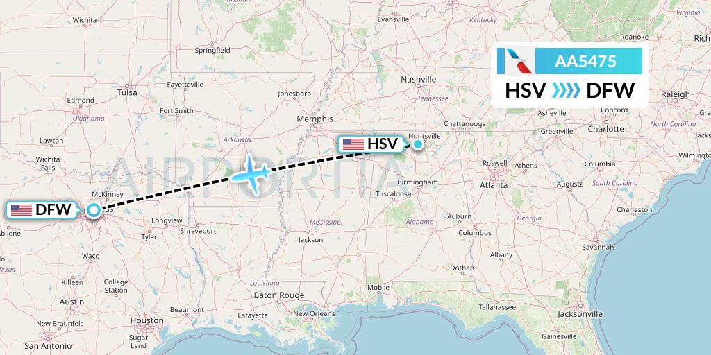 AA5475 American Airlines Flight Map: Huntsville to Dallas