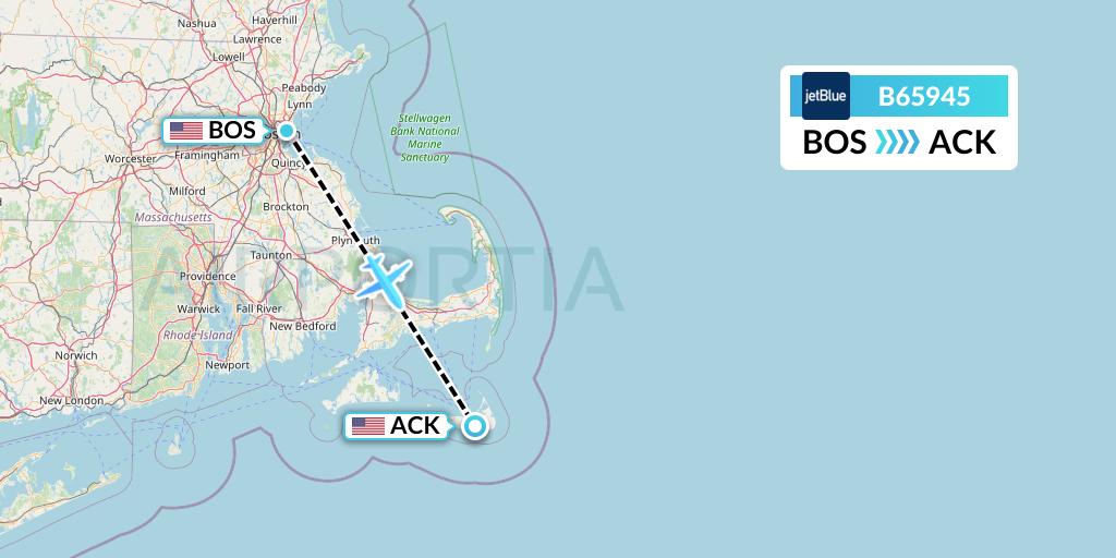 B65945 JetBlue Airways Flight Map: Boston to Nantucket