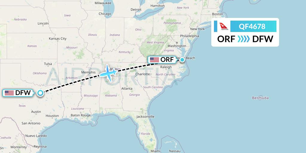 QF4678 Qantas Flight Map: Norfolk to Dallas