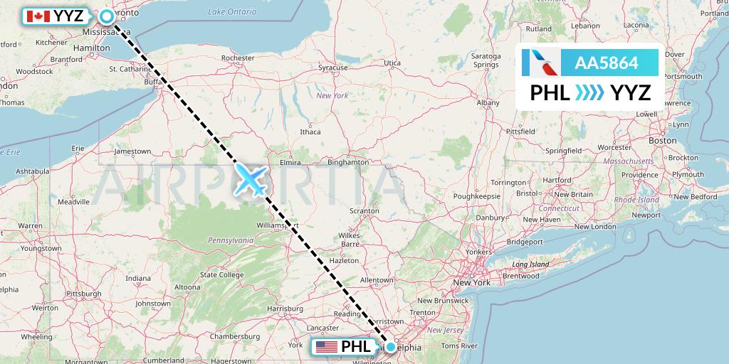 AA5864 American Airlines Flight Map: Philadelphia to Toronto