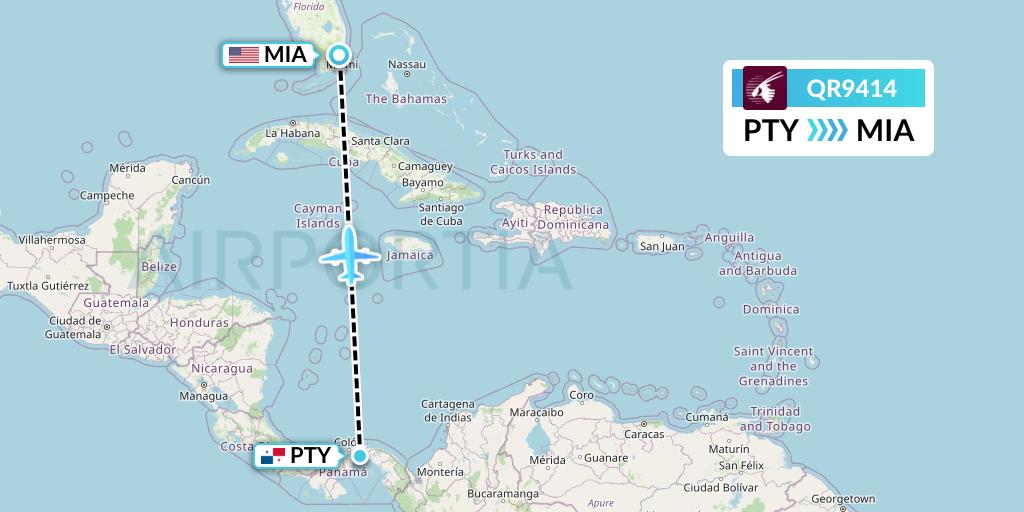 QR9414 Qatar Airways Flight Map: Panama City to Miami
