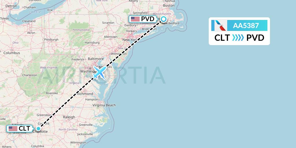 AA5387 American Airlines Flight Map: Charlotte to Providence