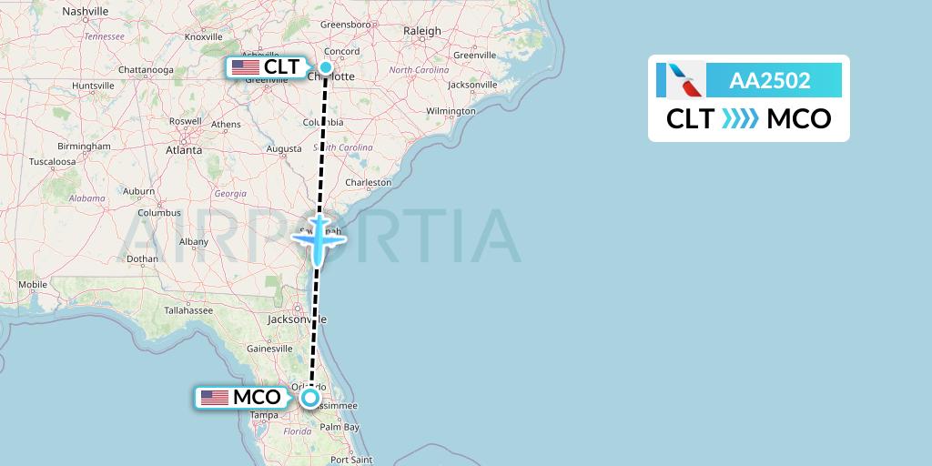 AA2502 American Airlines Flight Map: Charlotte to Orlando