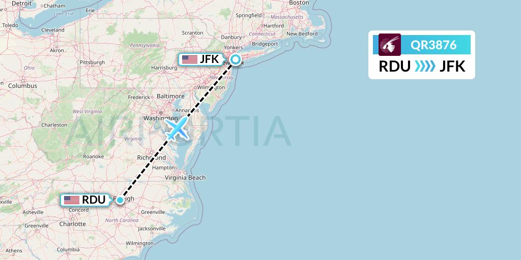 QR3876 Qatar Airways Flight Map: Raleigh-Durham to New York