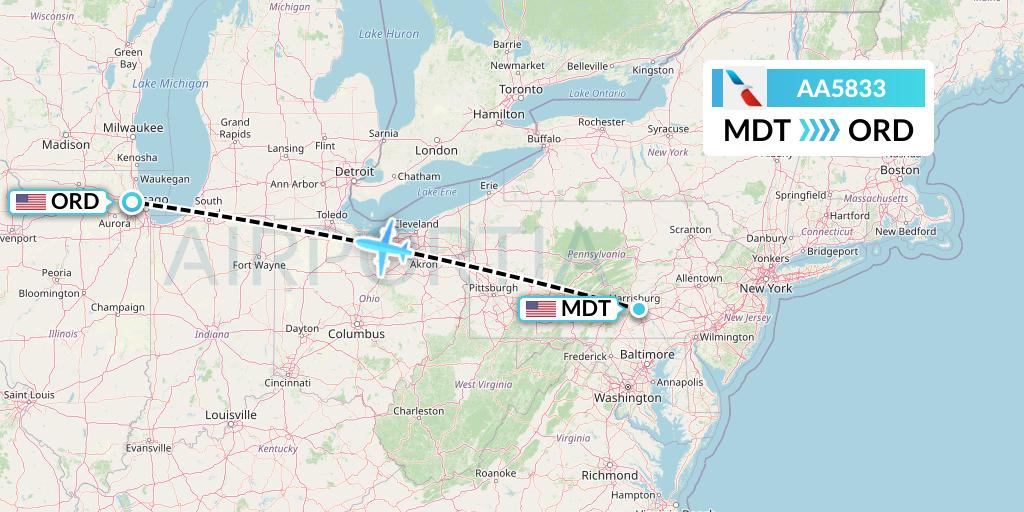 AA5833 American Airlines Flight Map: Harrisburg to Chicago