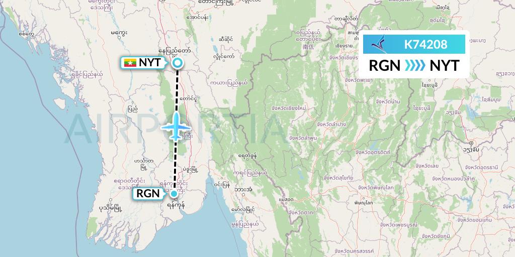 K74208 Air KBZ Flight Map: Yangon to Naypyidaw 