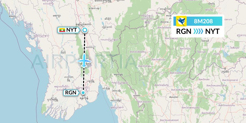 8M208 Myanmar Airways International Flight Map: Yangon to Naypyidaw 