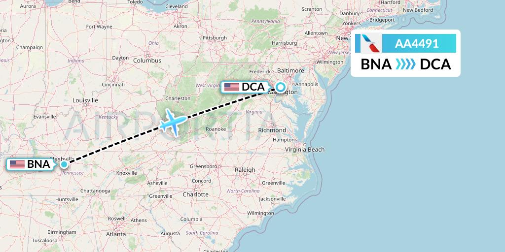 AA4491 American Airlines Flight Map: Nashville to Washington