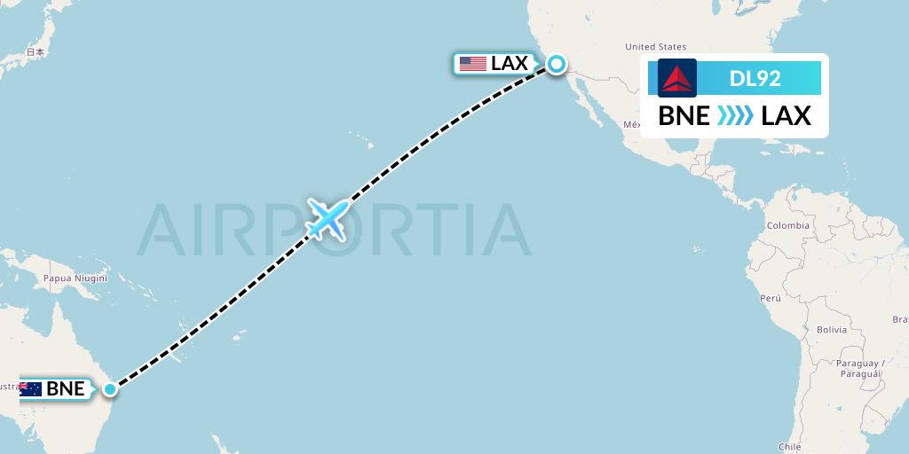 DL92 Delta Air Lines Flight Map: Brisbane to Los Angeles