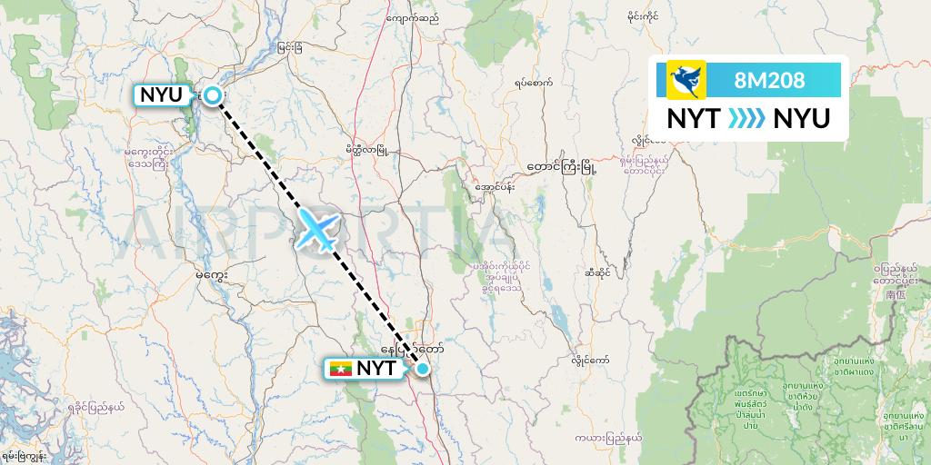 8M208 Myanmar Airways International Flight Map: Naypyidaw to Nyaung U