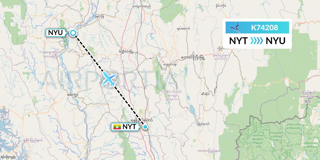 K74208 Air KBZ Flight Map: Naypyidaw to Nyaung U