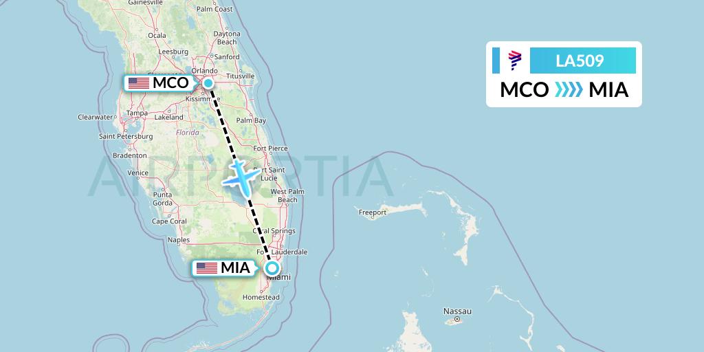 LA509 LAN Airlines Flight Map: Orlando to Miami