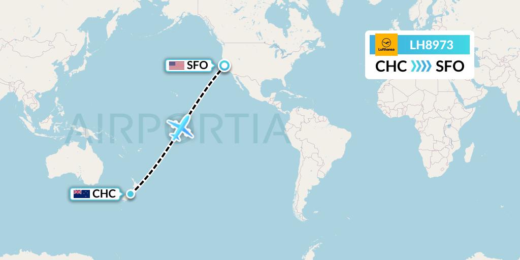 LH8973 Lufthansa Flight Map: Christchurch to San Francisco