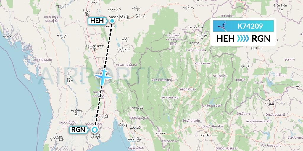 K74209 Air KBZ Flight Map: Heho to Yangon