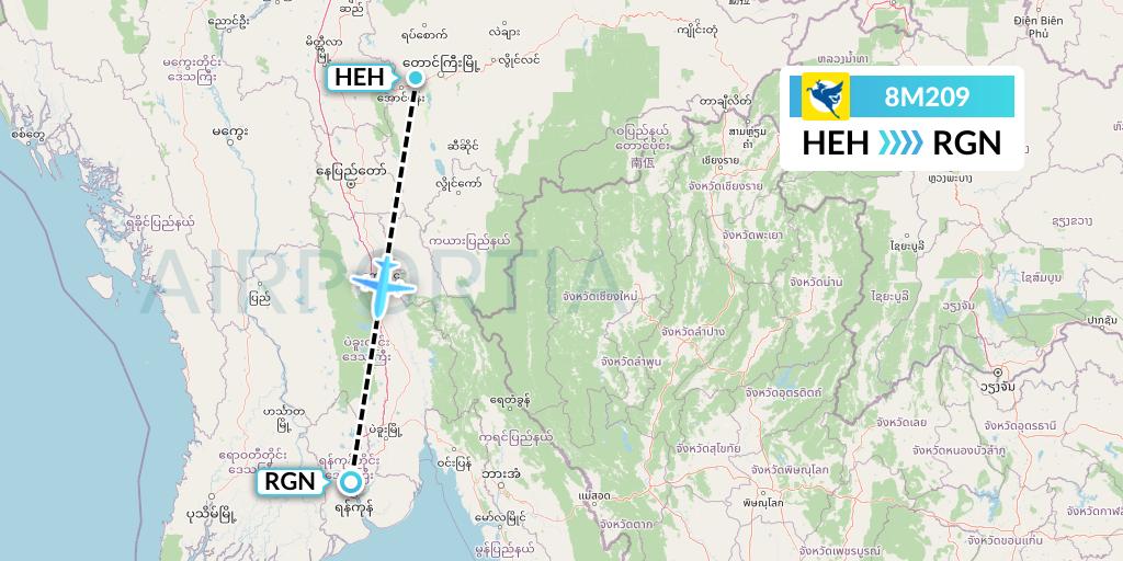 8M209 Myanmar Airways International Flight Map: Heho to Yangon