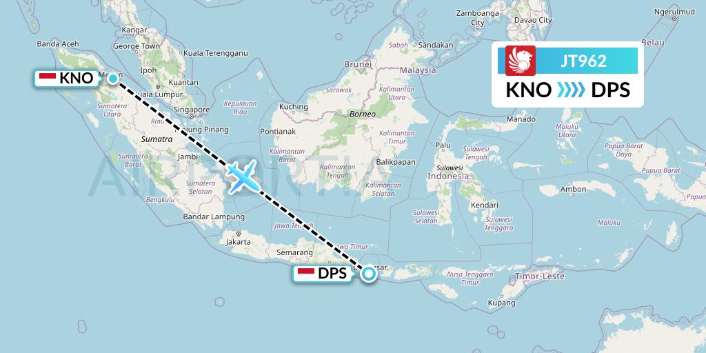 JT962 Lion Airlines Flight Map: Medan to Denpasar