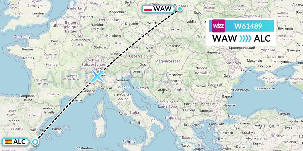 W61489 Wizz Air Flight Map: Warsaw to Alicante