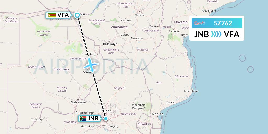5Z762 CemAir Flight Map: Johannesburg to Victoria Falls