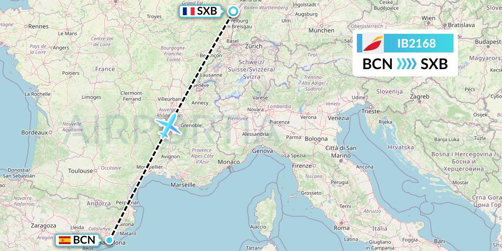 IB2168 Iberia Flight Map: Barcelona to Strasbourg