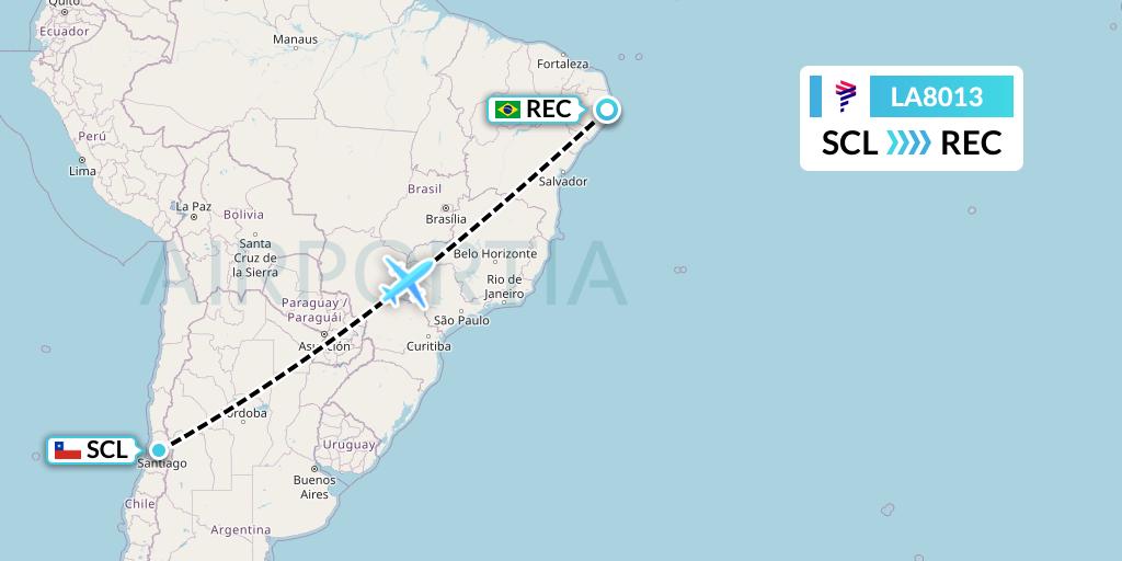 LA8013 LAN Airlines Flight Map: Santiago to Recife