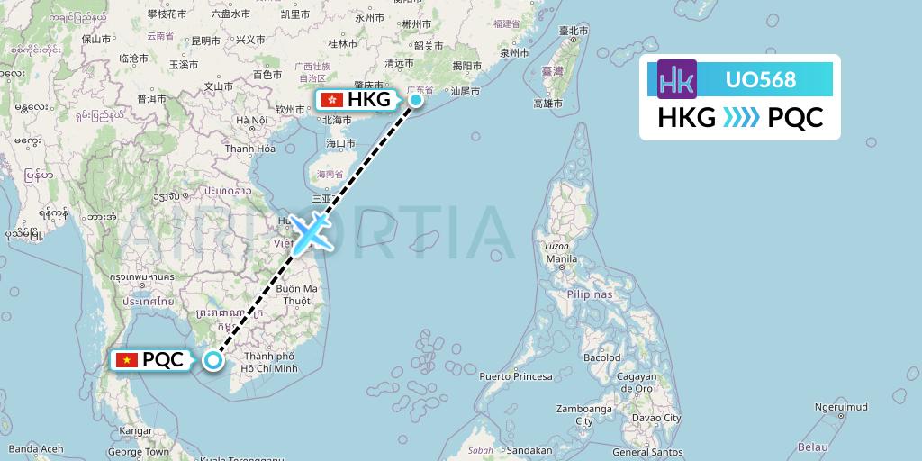 UO568 Hong Kong Express Flight Map: Hong Kong to Phu Quoc