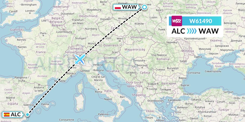 W61490 Wizz Air Flight Map: Alicante to Warsaw