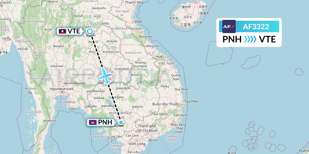 AF3322 Air France Flight Map: Phnom Penh to Vientiane