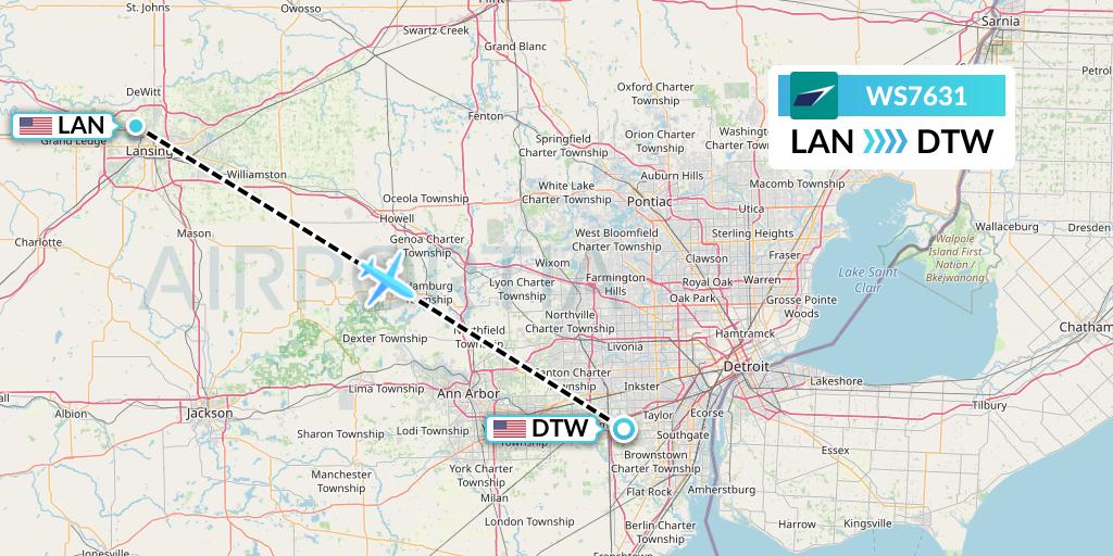 WS7631 WestJet Flight Map: Lansing to Detroit