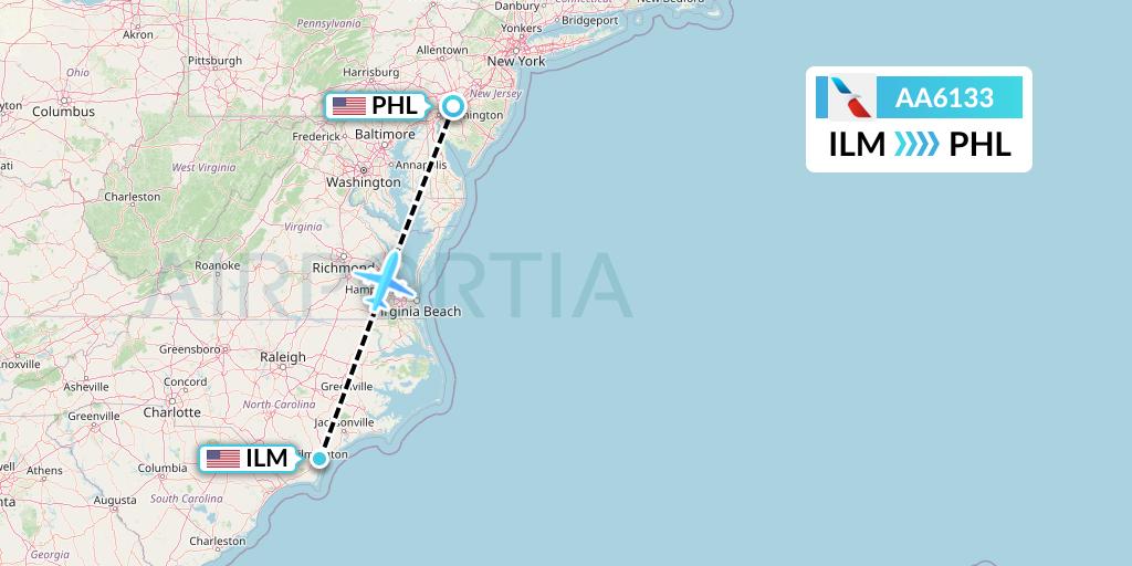 AA6133 American Airlines Flight Map: Wilmington to Philadelphia