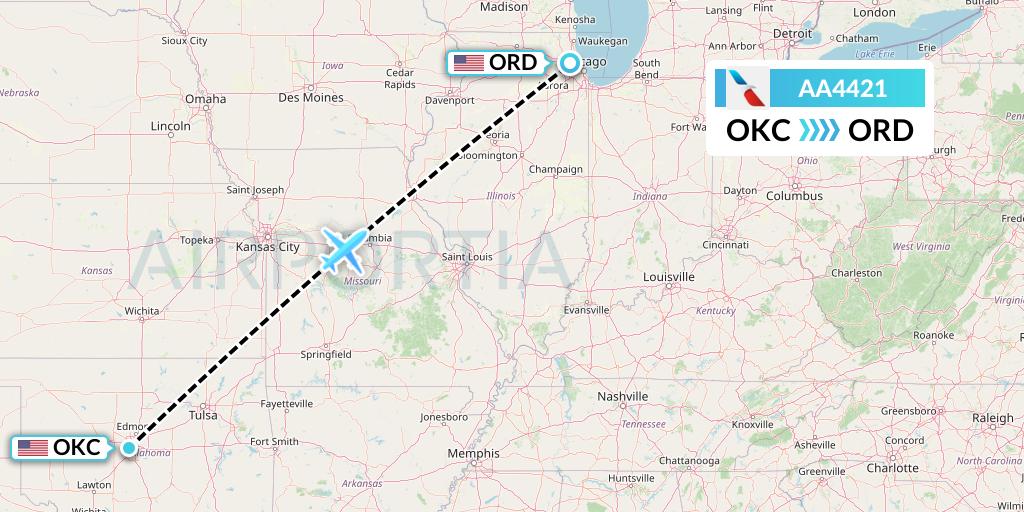 AA4421 American Airlines Flight Map: Oklahoma City to Chicago