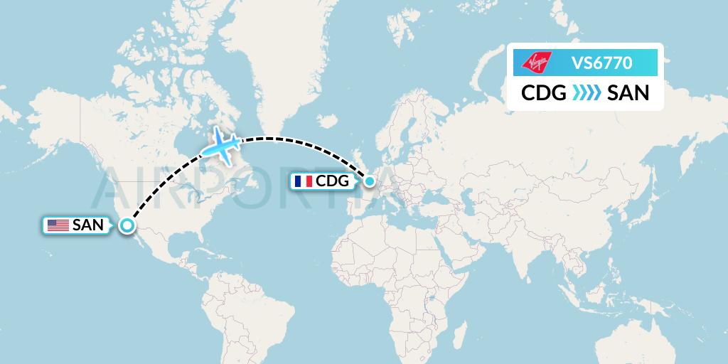 VS6770 Virgin Atlantic Airways Flight Map: Paris to San Diego