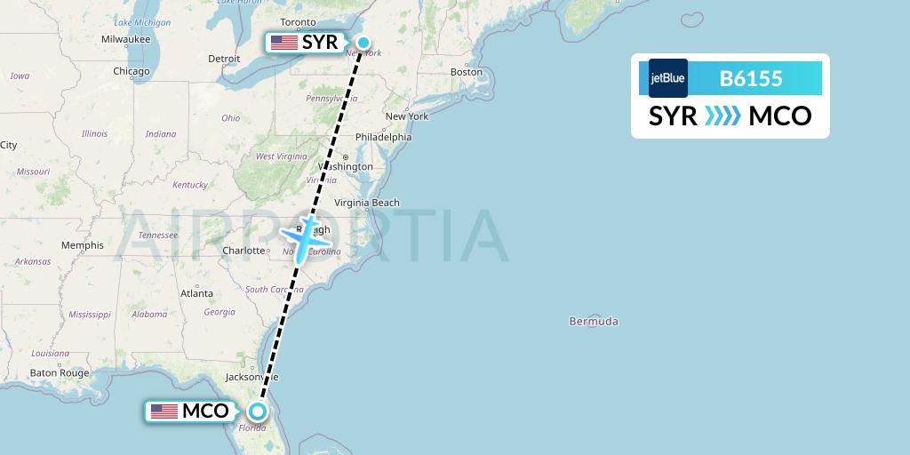 B6155 JetBlue Airways Flight Map: Syracuse to Orlando