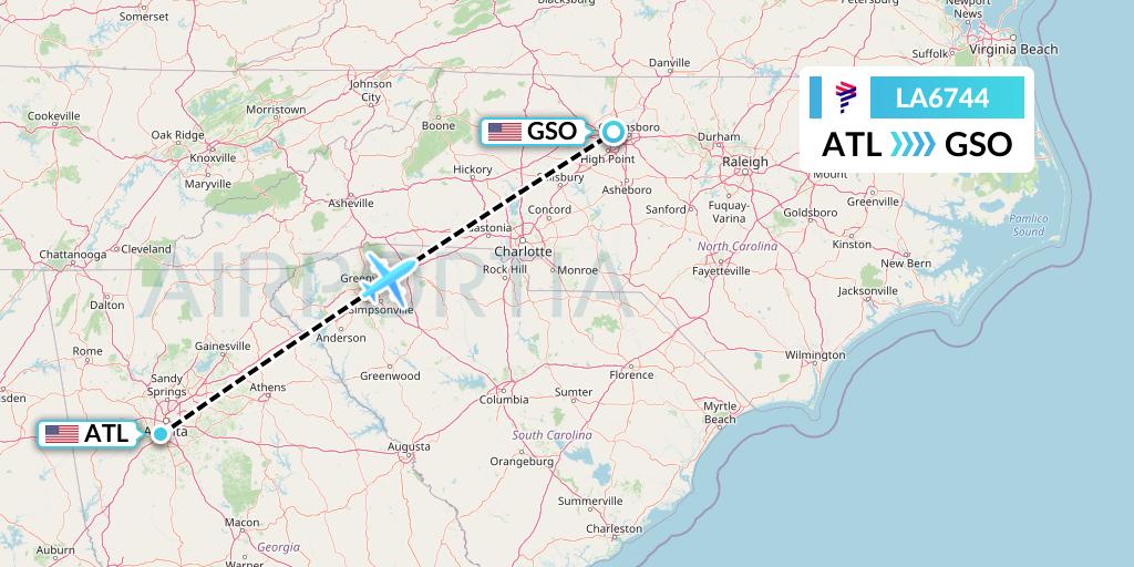 LA6744 LAN Airlines Flight Map: Atlanta to Greensboro
